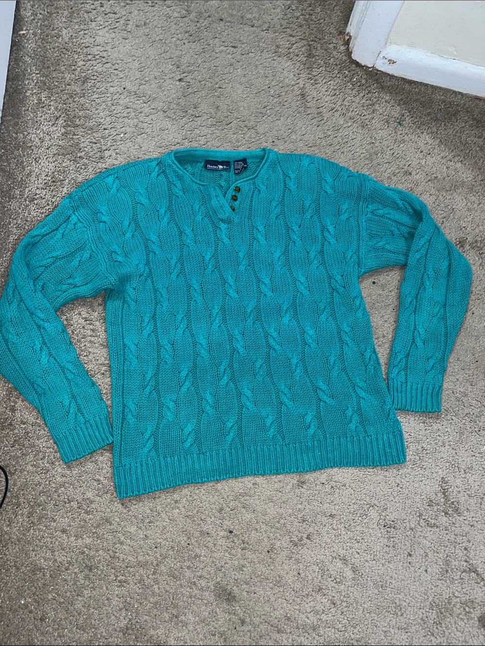 Hunters Run  Teal Cable-Knit Henley Sweater